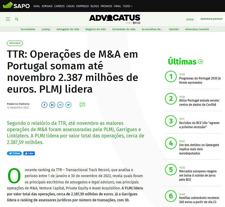 TTR: Operaes de M&A em Portugal somam at novembro 2.387 milhes de euros. PLMJ lidera